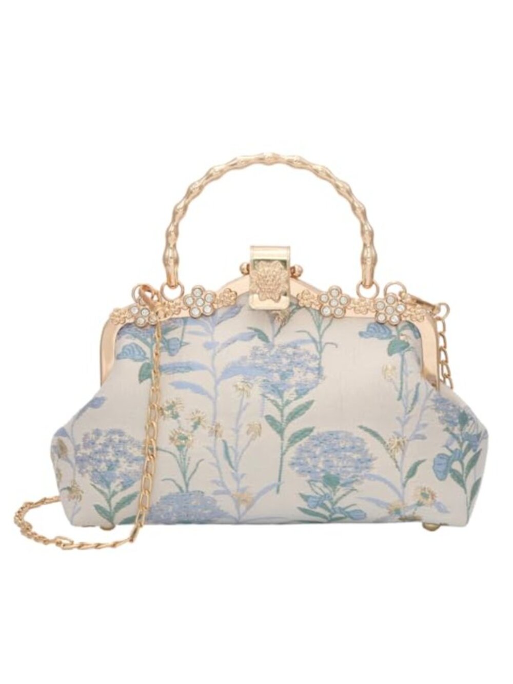 Silk Satin Metal Frame Embroidered Evening Clutch Crossbody Bag